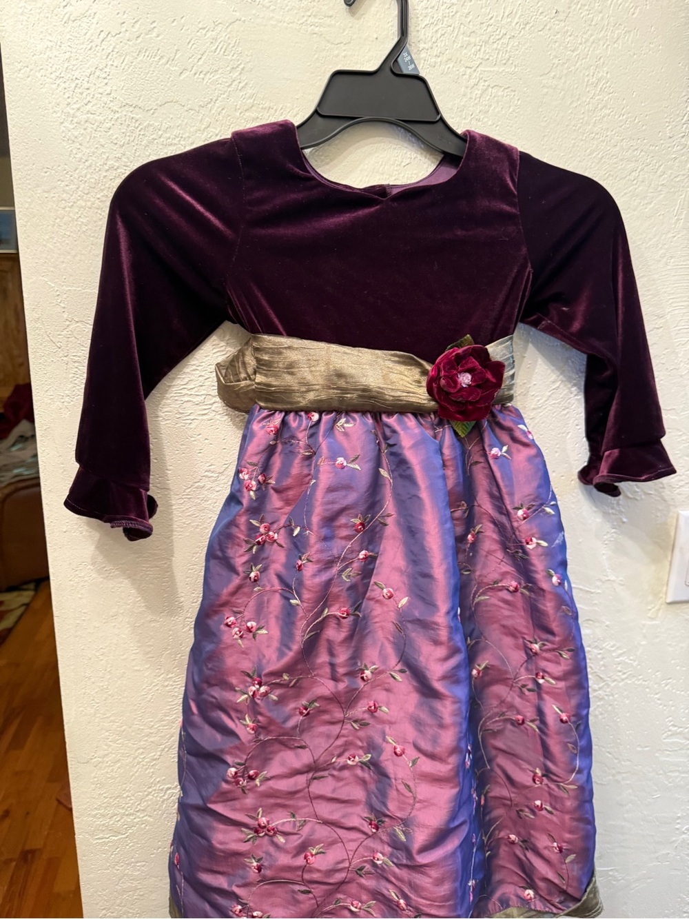 Jona Michelle Purple Velvet & Pink Satin Holiday Dress with Green Sash Sz 6X